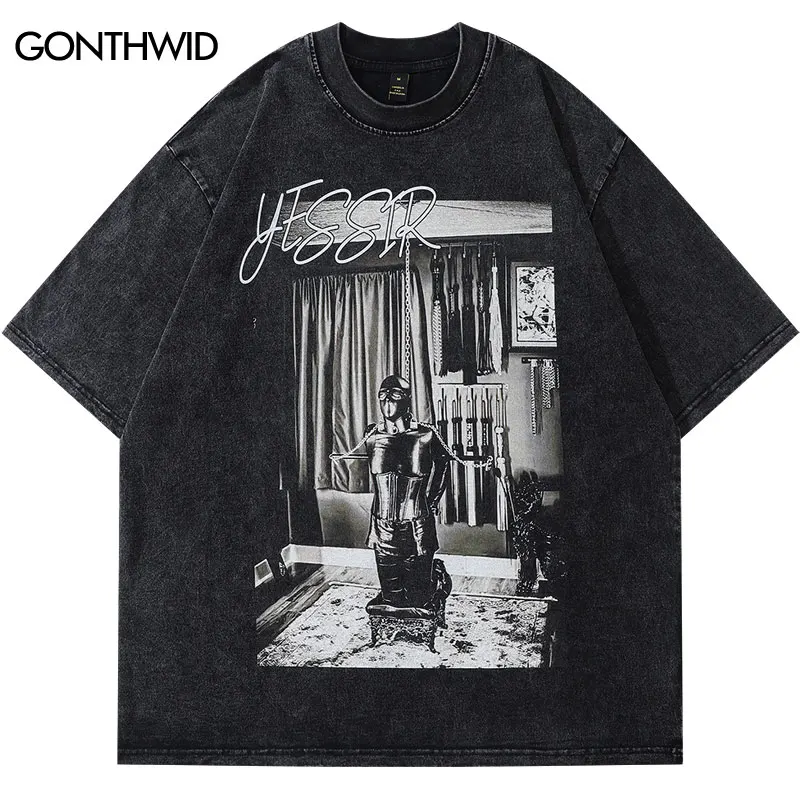 

Men Oversized T-Shirt Hip Hop Yes Sir Graphic Print Washed Tshirt Harajuku Fashion Punk Gothic Loose Tee 2023 Summer Casual Tops