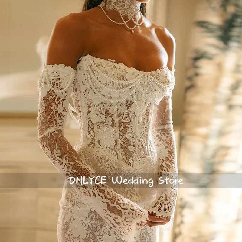 Long Sleeves Lace Mermaid Wedding Dresses with Choker Pearls Baeding Basque Waist Fitted Bridal Gowns Customized