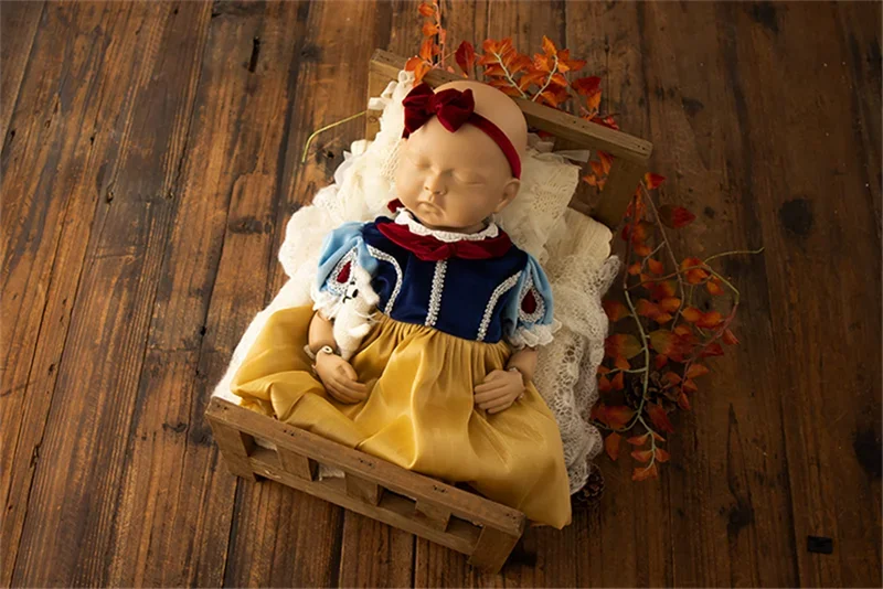 Newborn Photography Props for Baby Girls Princess Snow White Dress Headband 2pcs Costume Studio Shooting Photo Props