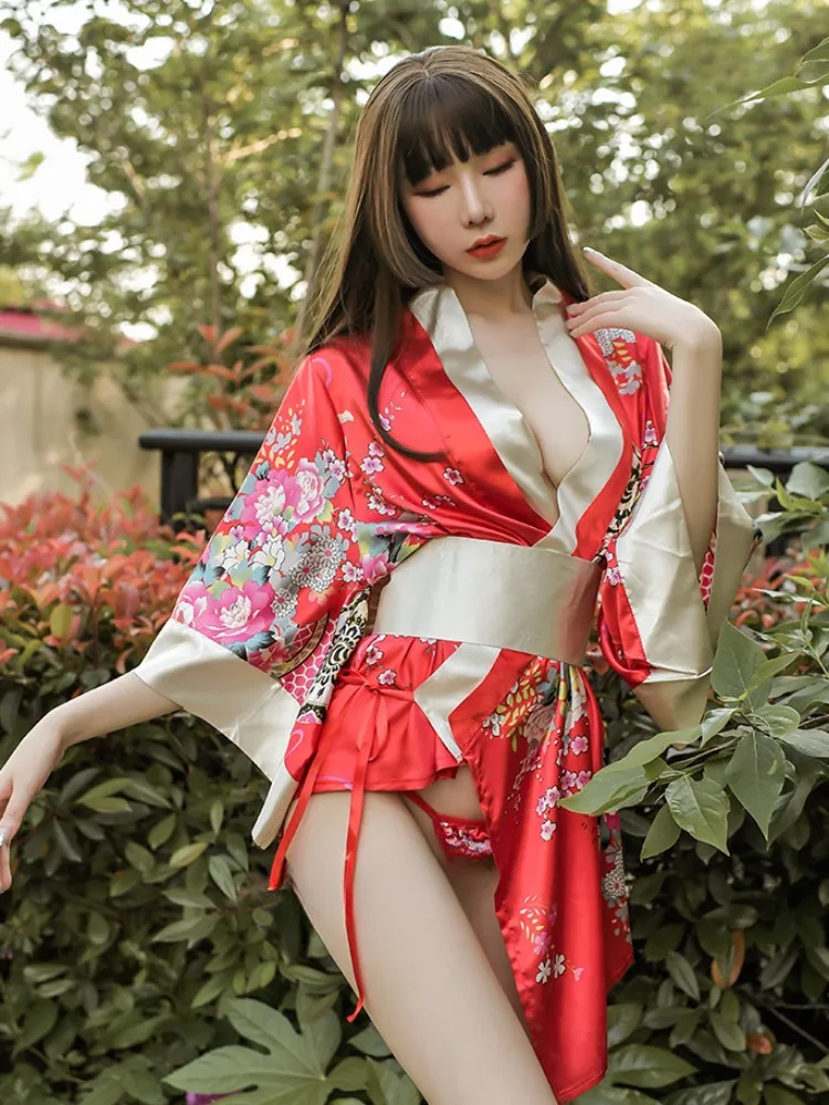 Japanese Kimono Red Uniform Cosplay Sexy Lingerie Waist Belt Pajama Temptation Costumes Pajamas For Women Underwear Sex Dress