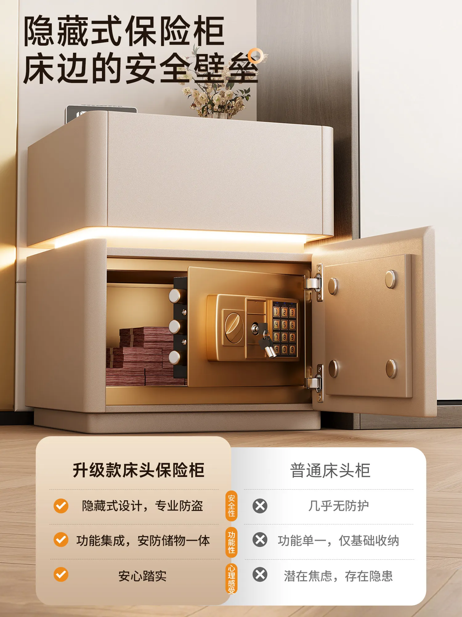 Smart solid wood bedside table, safe, integrated state subsidized household bedroom, small safe