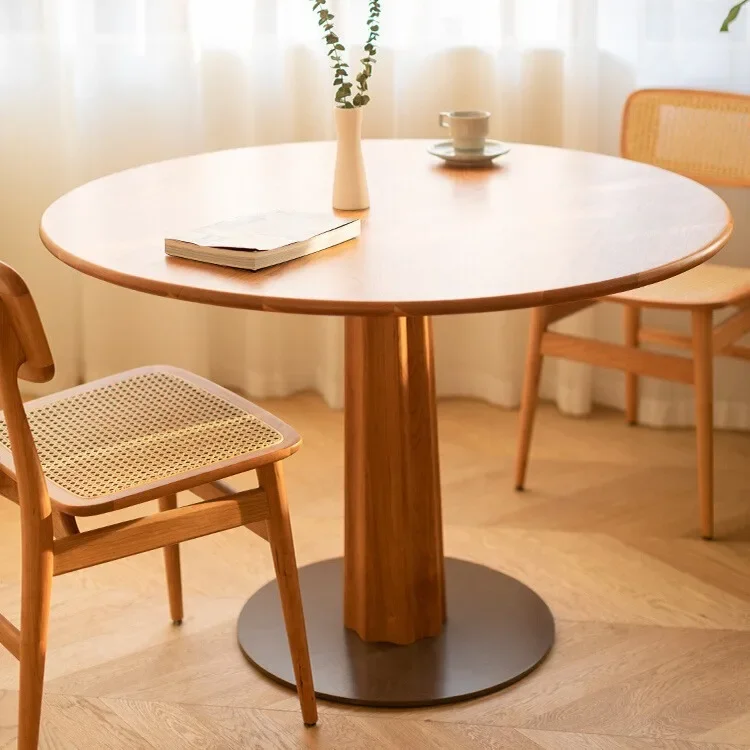 Retro solid wood round table household cherry wood square circle dining table and chair combination sky ruler simple big circle