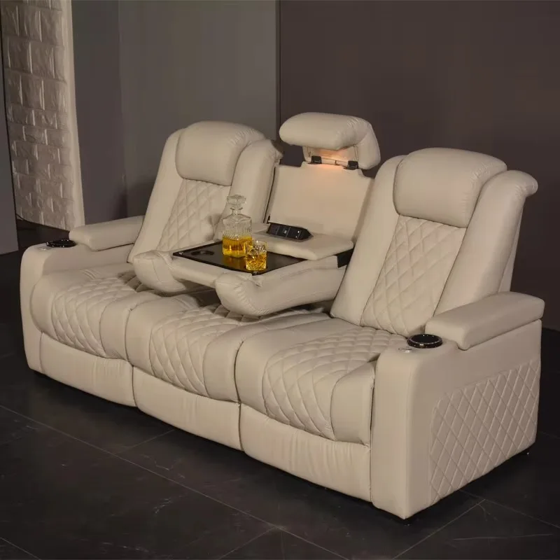 

White Color 3seater Electric Cinema Sofa Home Theater Furniture Cinema Interior Home Theater Laydown Table Recliner Sofa Chair