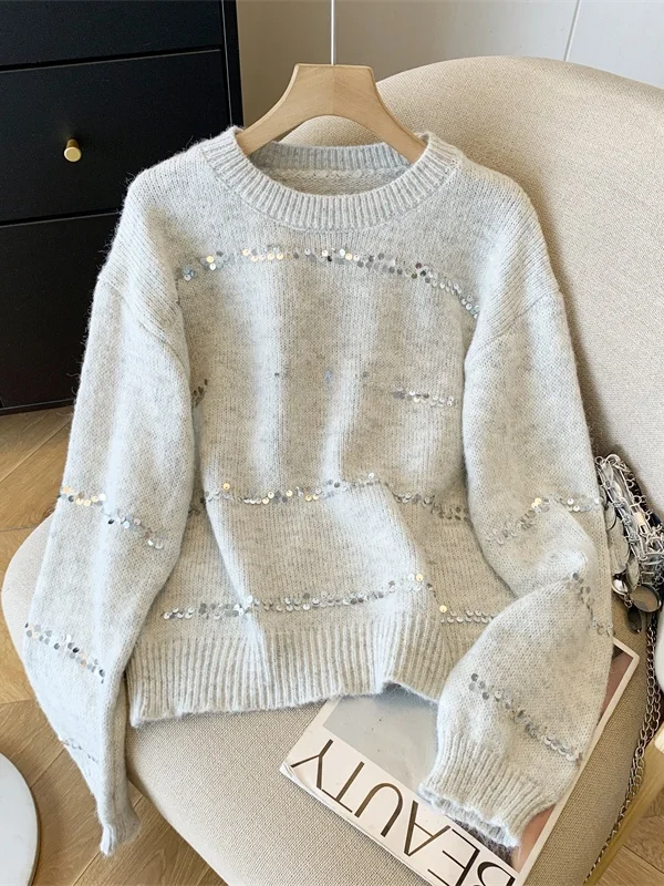   Thiened ey الترتر سترة ناعمة المرأة الخريف الشتاء كسول Sle محبوك irt النسخة الكورية تخفيف أنبوب مستقيم