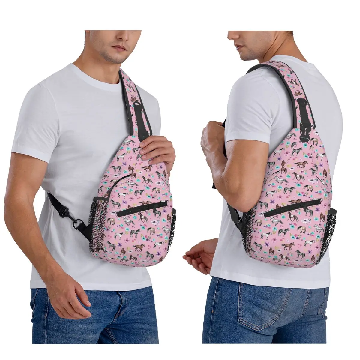 Horses And Flowers On Pink, Equestrian Art, Horse Decor Chest Bag Men Sling Crossbody Backpack Chest Bag Daypack Shoulder Bag