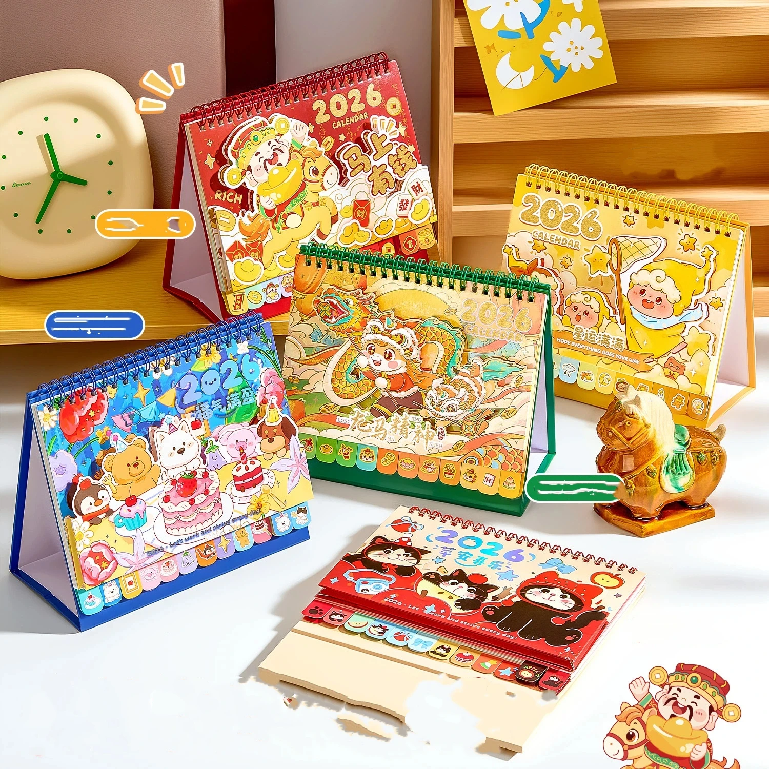 

【Nice】2026 Desk Calendar Multifunctional 3D Rotating Desktop Cartoon Horse Year Planner Tracker For Kids Women Office Table Gift