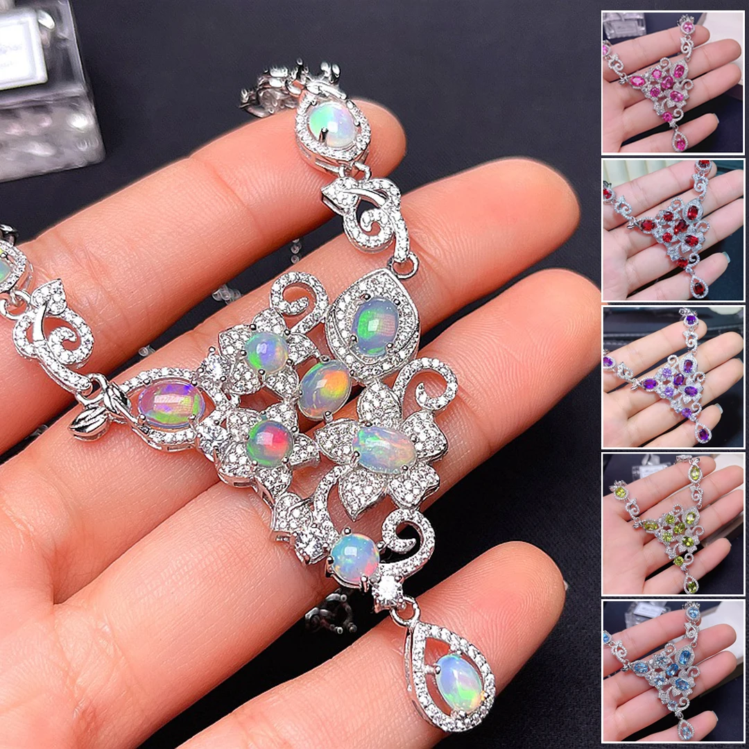 

MeiBaPJ Luxurious Natural Opal/Topaz Fashion Pendant Necklace 925 Pure Silver Colorful Stone Fine Wedding Jewelry for Women