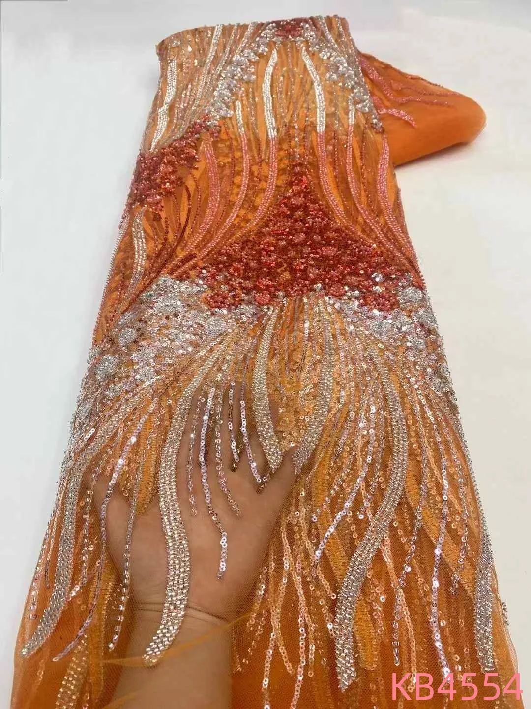 

African Lace Fabric Luxurious Women's Evening Dresses French Mesh With Sequence Burnt Orange Beaded Lace Fabric For Cloth KB4554