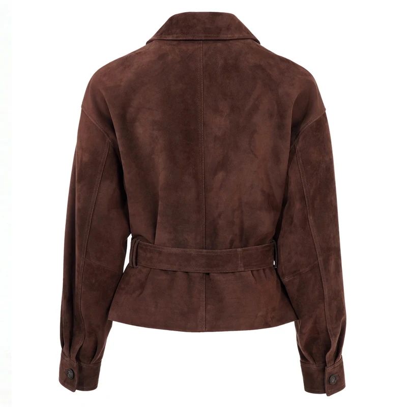 Imported Premium Suede Goatskin Jacket for Women 2026 Fall Winter Retro Female Casual Belt Button Real Leather Short Jacket Coat