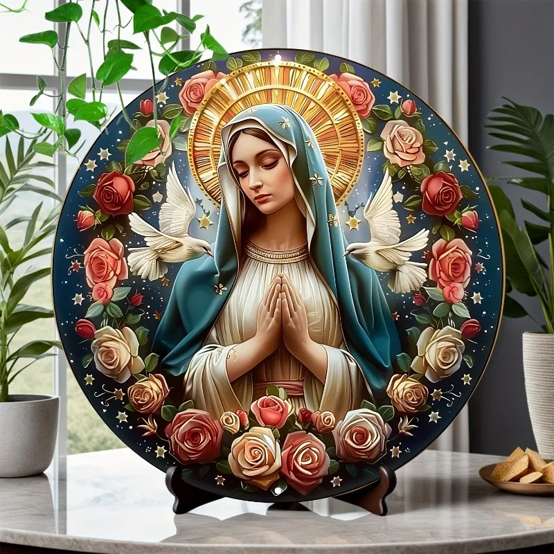 

Aluminum "Mary Prayer" Emblem with Floral Wreath, 2D Round Wall Decor for Home, HD Printed Metal Art, Christmas Gift