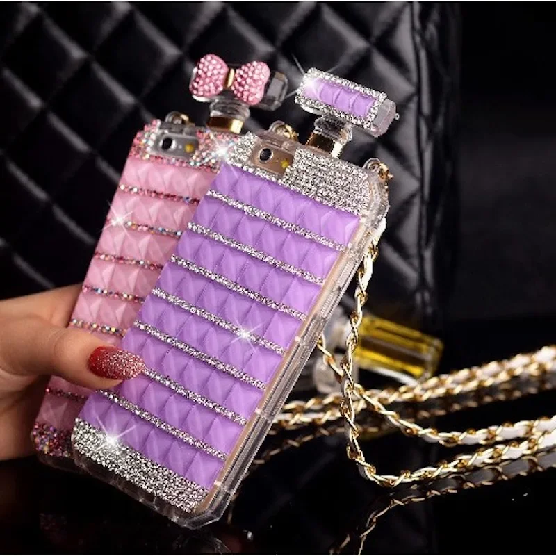 Fashion Diamond Perfume Bottle Strap Phone Case For iphone 15Pro 14Plus 13 Pro 12 Mini 11Pro MAX XSMAX XR 7 8 PLUS Cover Capa