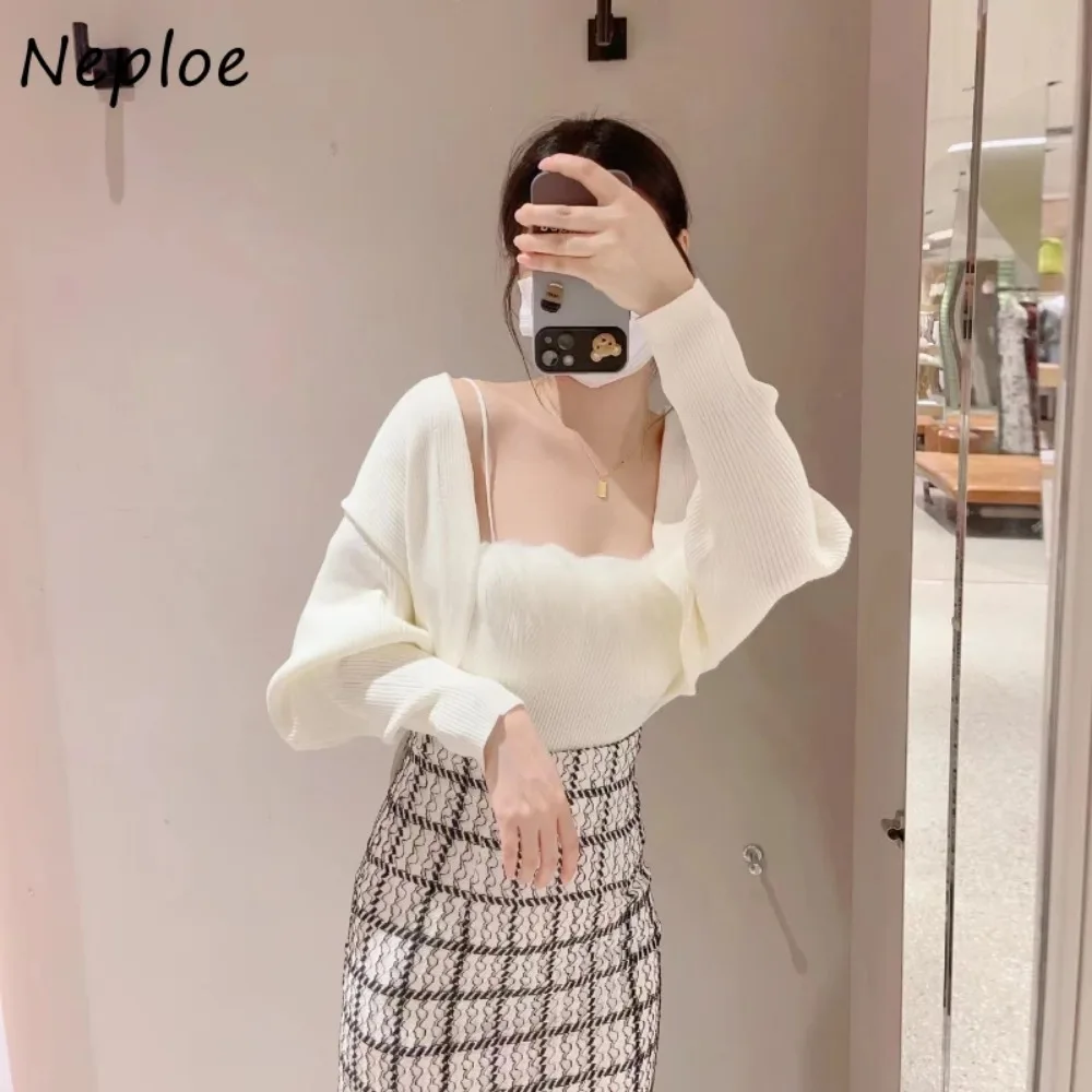 Neploe Solid Long Sleeve Sling Sets Jumper+square Collar Sweet Fresh Casual Sweaters Japanese Knit Fashion Suit Pull Femme