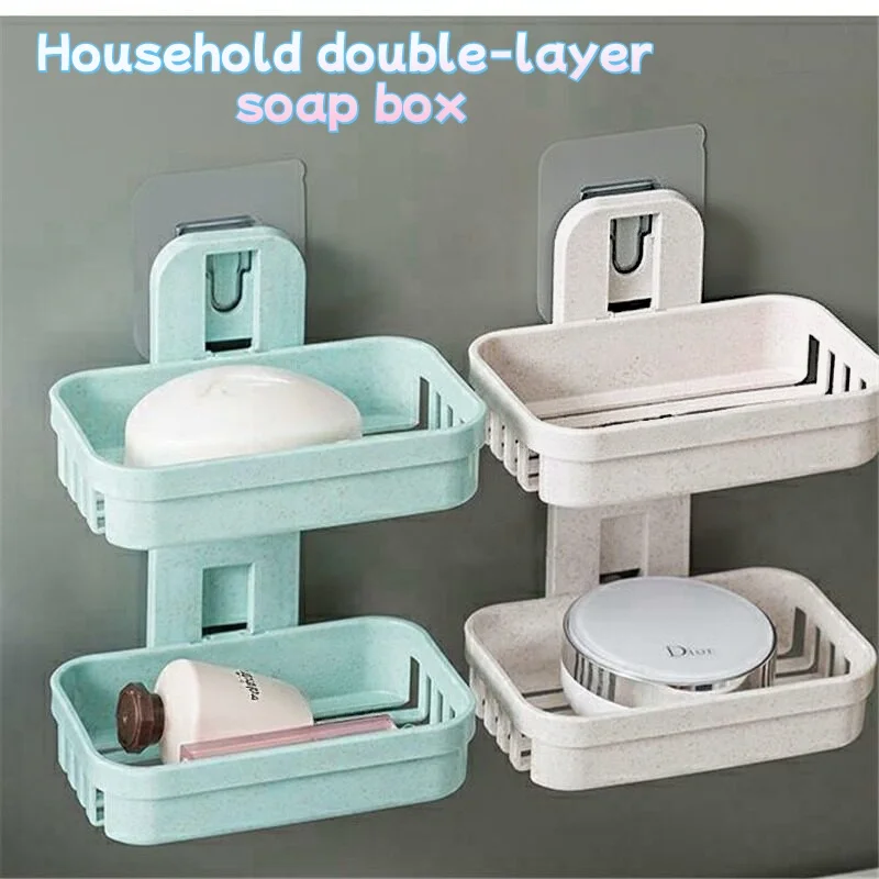 Wall Mounted Double Layer Soap Dish Self‑Adhesive Drain Soap Holder Plastic Soap Storage Basket for Bathroom Shower
