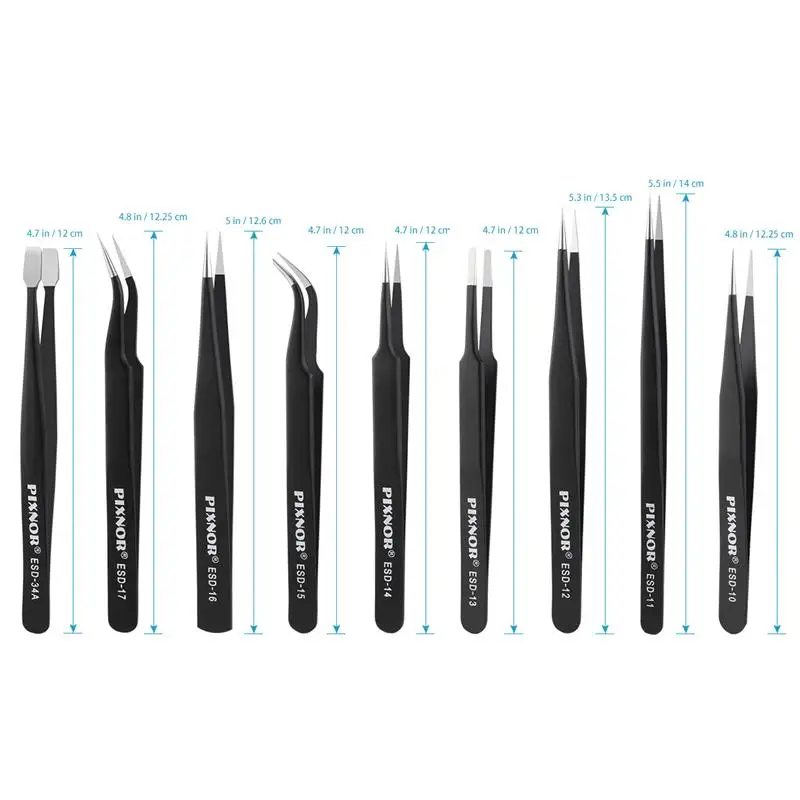 9pcs Anti-Static ESD Stainless Steel Tweezers Set Industrial Repair Tools For Electronics Repair Soldering Craft Tools