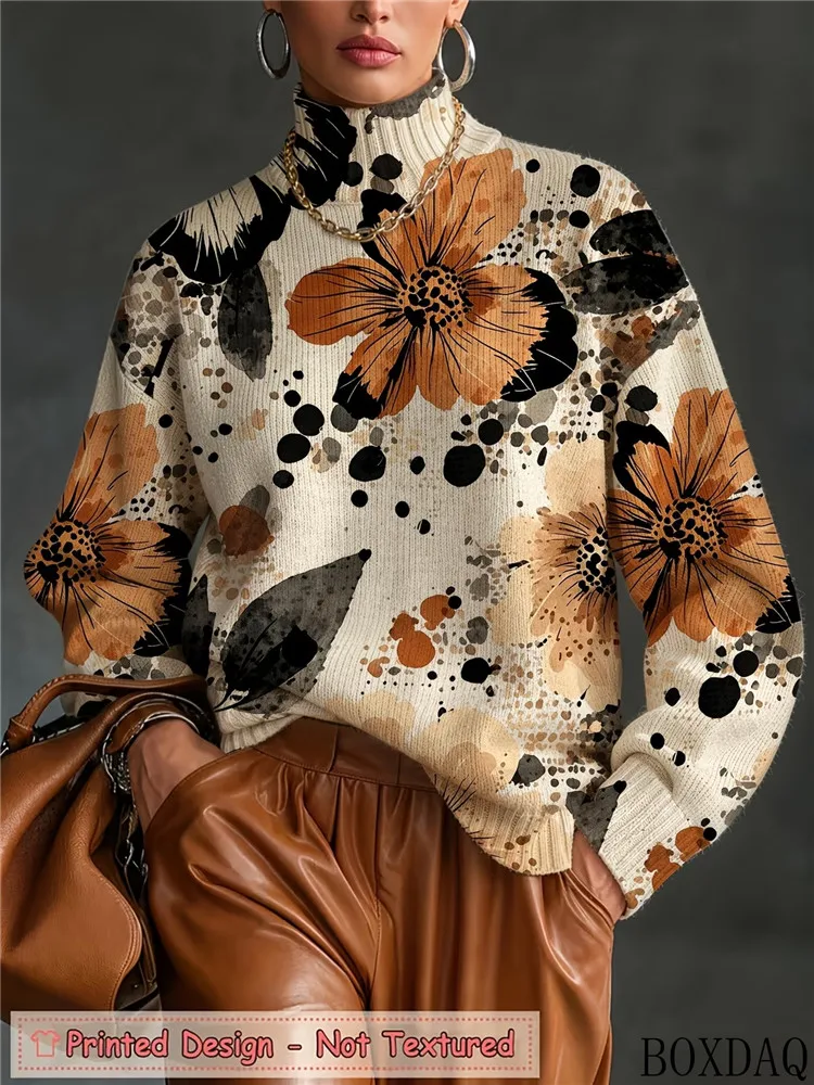Women Autumn Winter Long Sleeve Turtleneck Loose Shirt Vintage Watercolor Big Floral Print Elegant Knit Daily Casual Blouse 2026