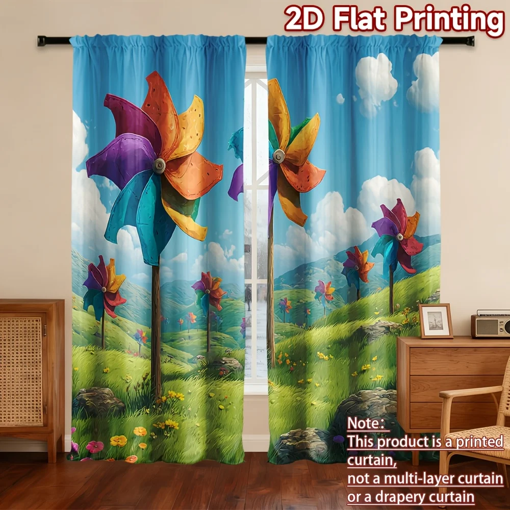 Colorful Pinwheel Flower Curtain, Fantasy Meadow & Blue Sky Print Drape, Whimsical Garden Window Treatment for Kids Room Living