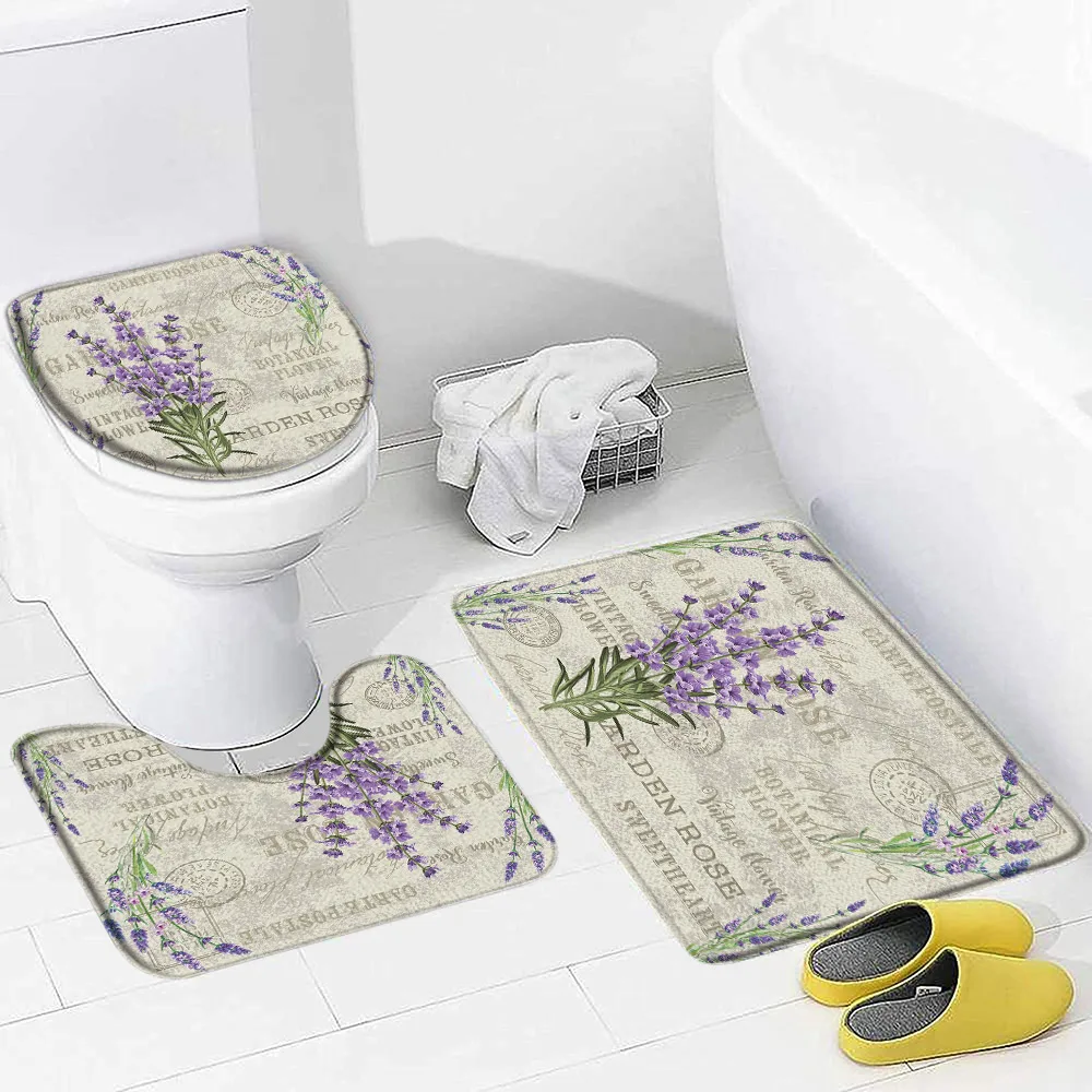 Purple Lavender Bath Mat Set Nature Flowers Plants Butterfly Modern Home Carpet Bathroom Decor Non-slip Rugs Toilet Lid Cover