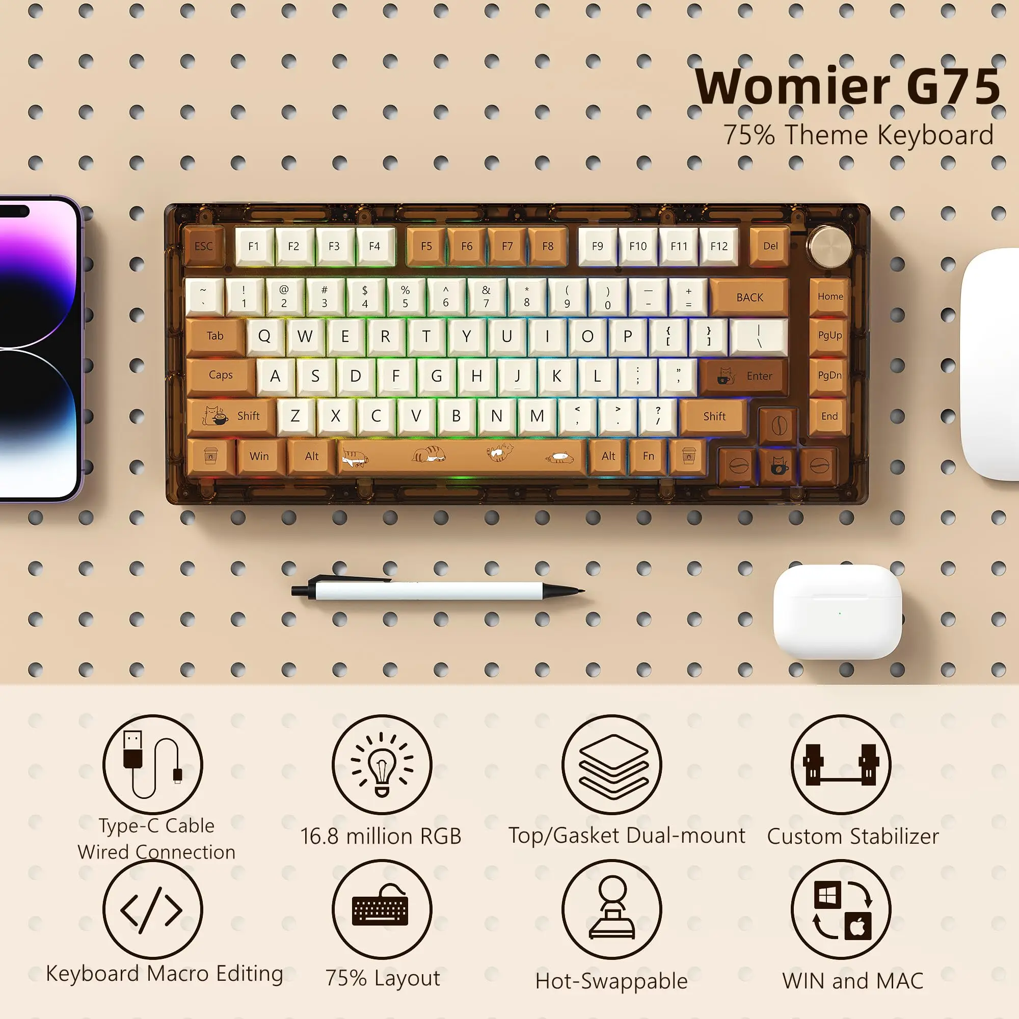 Teclado Gaming G75 mecânica com controle de botão, Hot Swap, Dual-Mount teclado personalizado para Mac e Win, TPO Junta