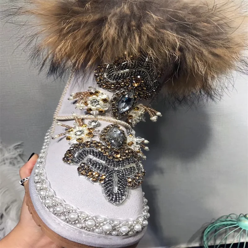 Beaded rhinestones handmade custom fur one-piece boots Pearl Vintage Winter plus fleece warm boots women\'s plus size 35-44