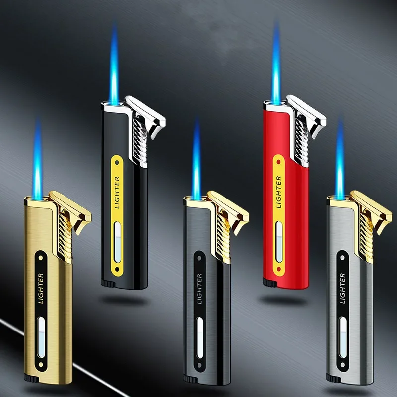 2024 Mini Portable Recyclable Inflatable Metal Windproof Strip Lighter High-power Butane Gas Cigar Lighter High-end Gift for Men