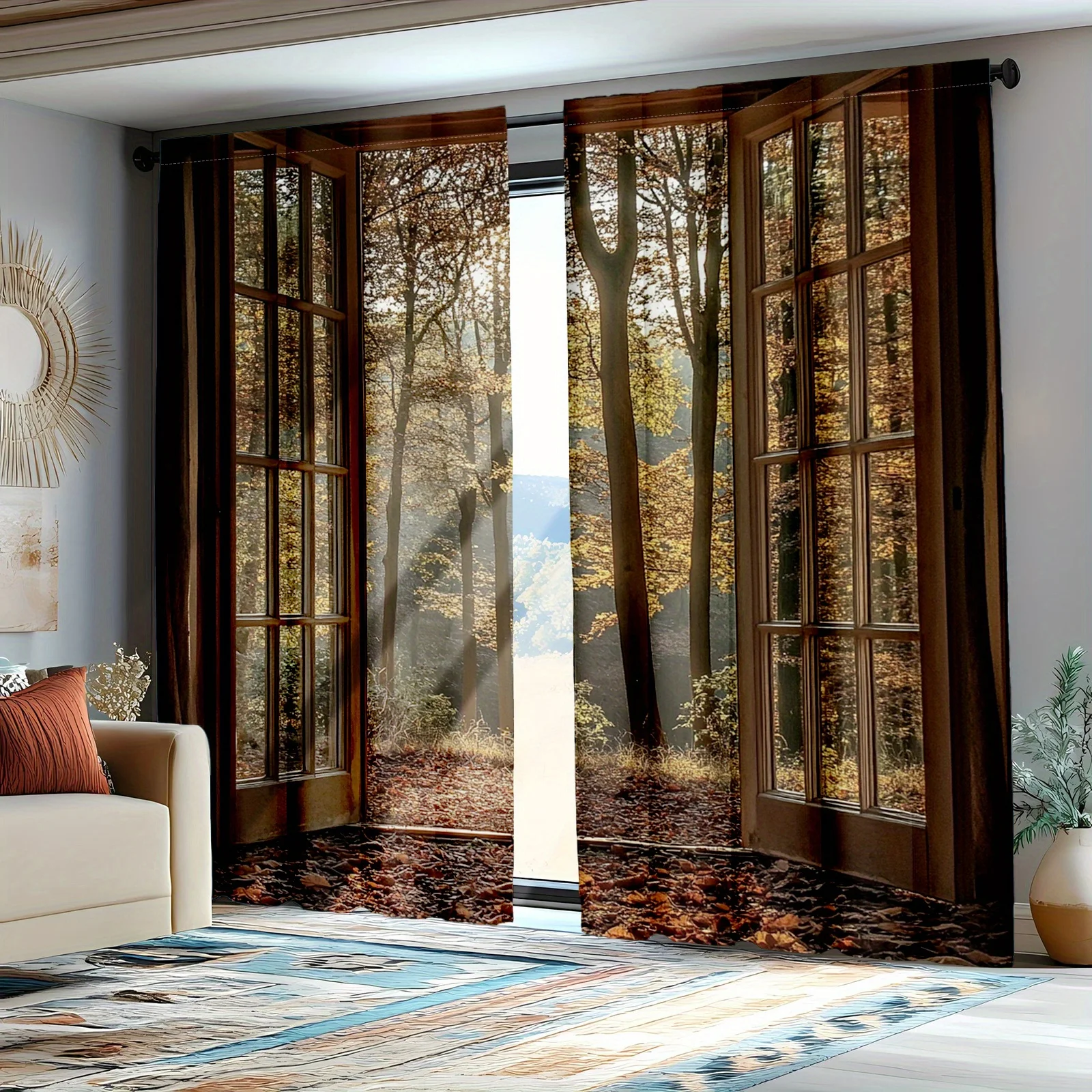 Realistic Forest Nature Print Curtains Autumn Woodland Window Drapes Waterproof Decorative Curtain Set for Living Room Home