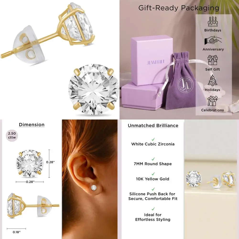 أقراط سوليتير نسائية من الذهب عيار 10 قيراط - ذهب أصفر أو أبيض، 5 مم 1 قيراط، 6.5 مم 2.0 قيراط، خيارات 7 مم 2.5 CTW