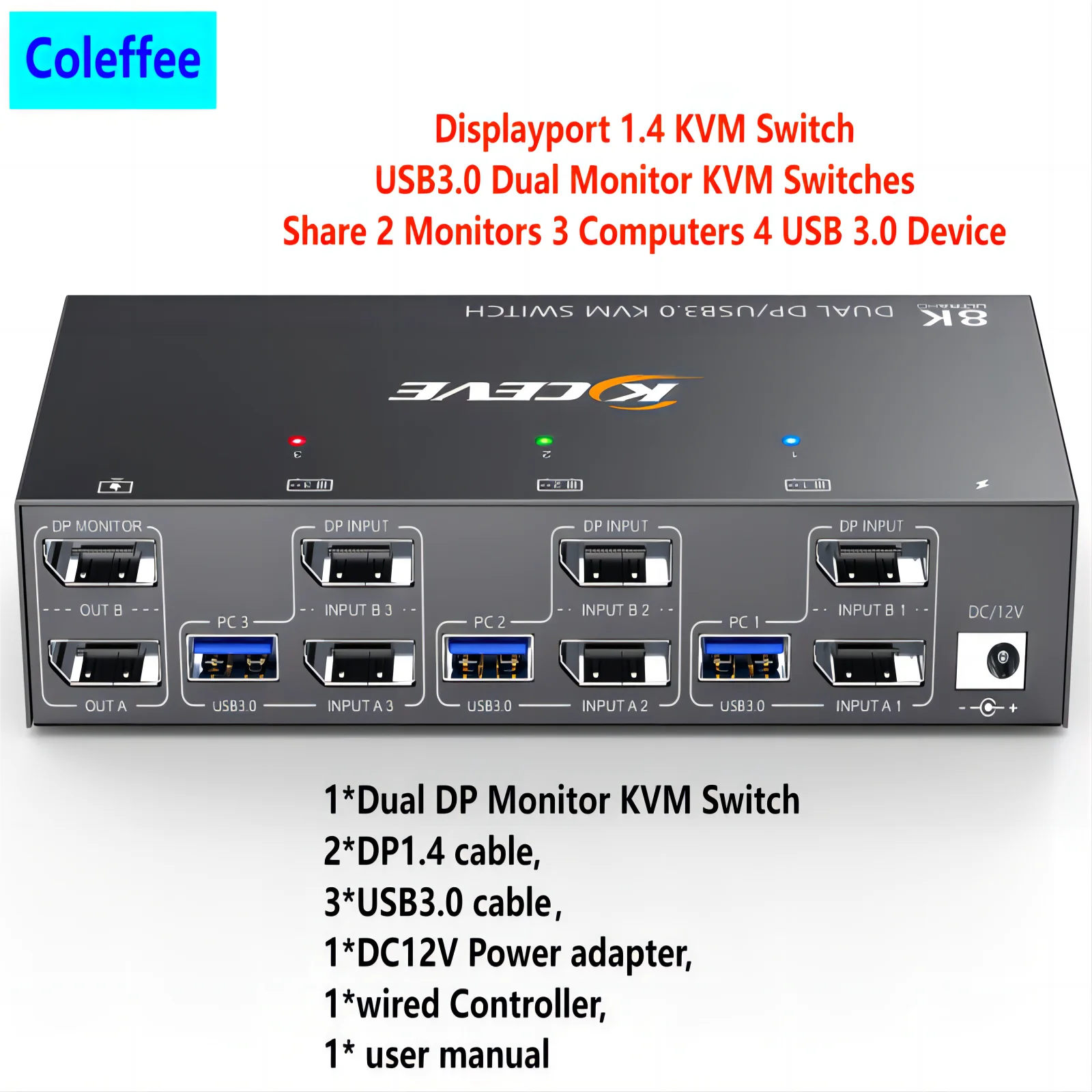 

KCEVE Displayport KVM Switch 2 Monitors 3 Computers 8K@60Hz 4K@144Hz,USB3.0 Dual Monitor KVM Switches DP 1.4 with 4 USB Device