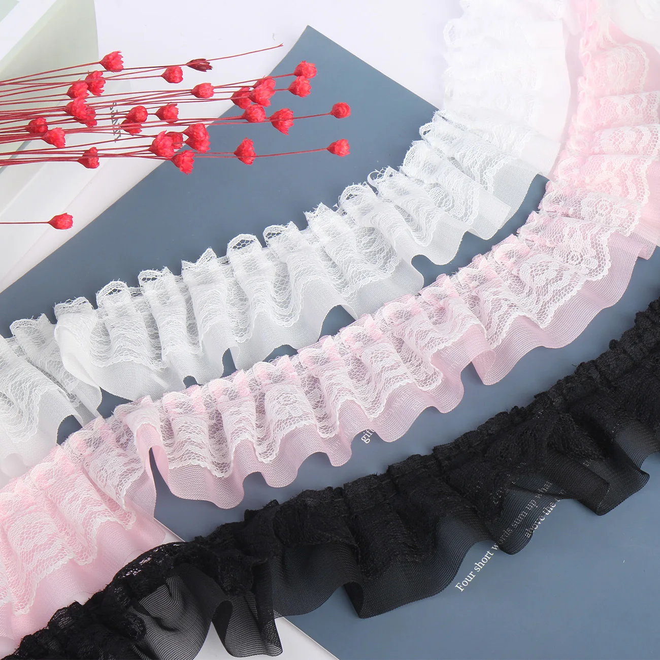 1yards 5cm Double-Layer Pleated Chiffon Lace Trim Clothing Wedding Accessories Decor Ribbon DIY Handmade Sewing Lace Trimmings