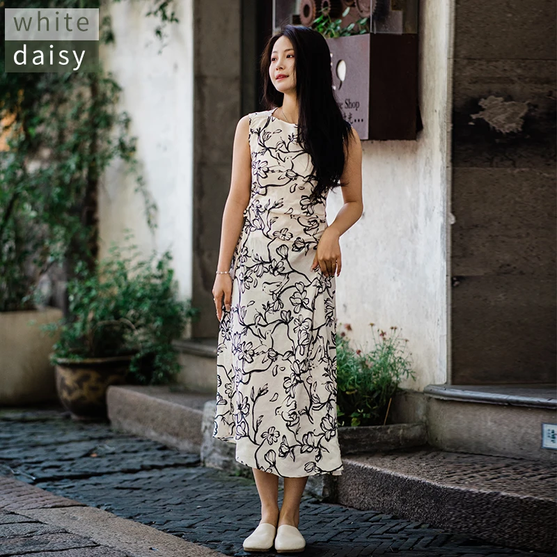 

Ele Daisy Print Cotton Linen Dr Slimming Summer Faion Women's Dr round Neline Svel A-Line Skirt