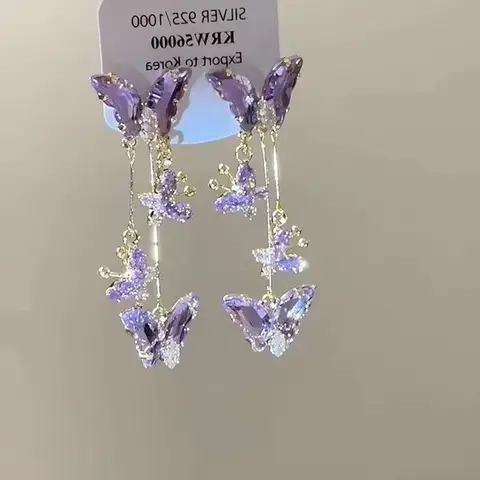 Boucles d'oreilles papillon longues pampilles en verre violet pour femmes, élégantes, strass délicats, cristal, insectes, bijoux de fête de luxe