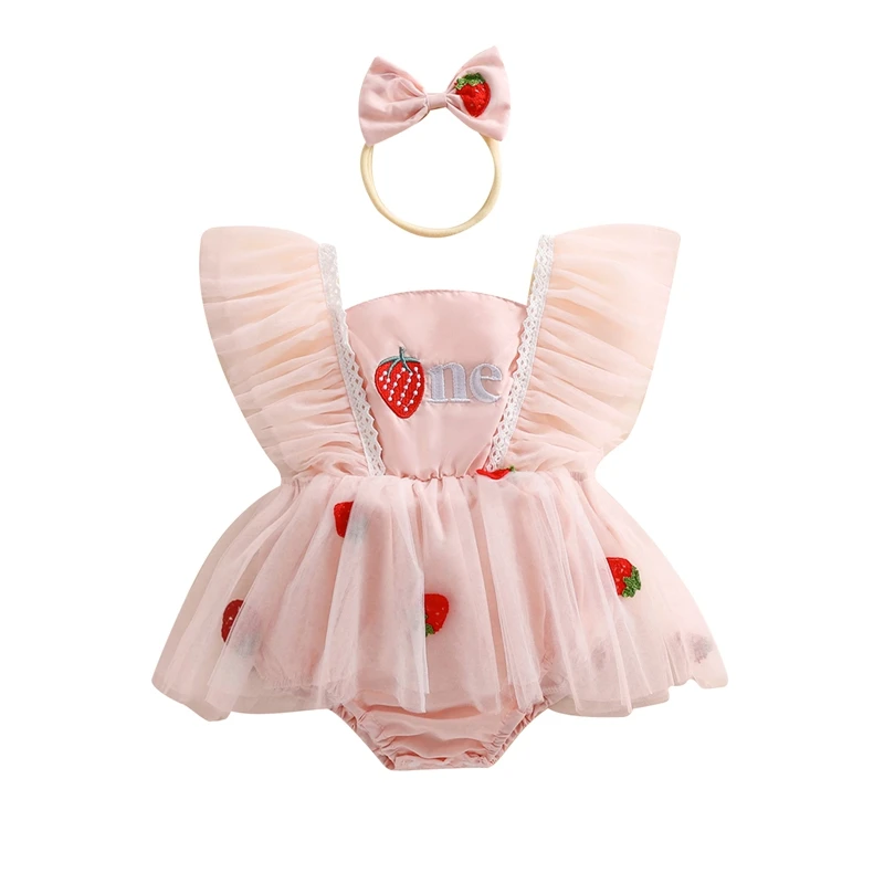 

Baby Girl First Birthday Outfit, Strawberry Embroidery Fly Sleeve Tulle Romper Dress Bow Headband 2 Piece Set