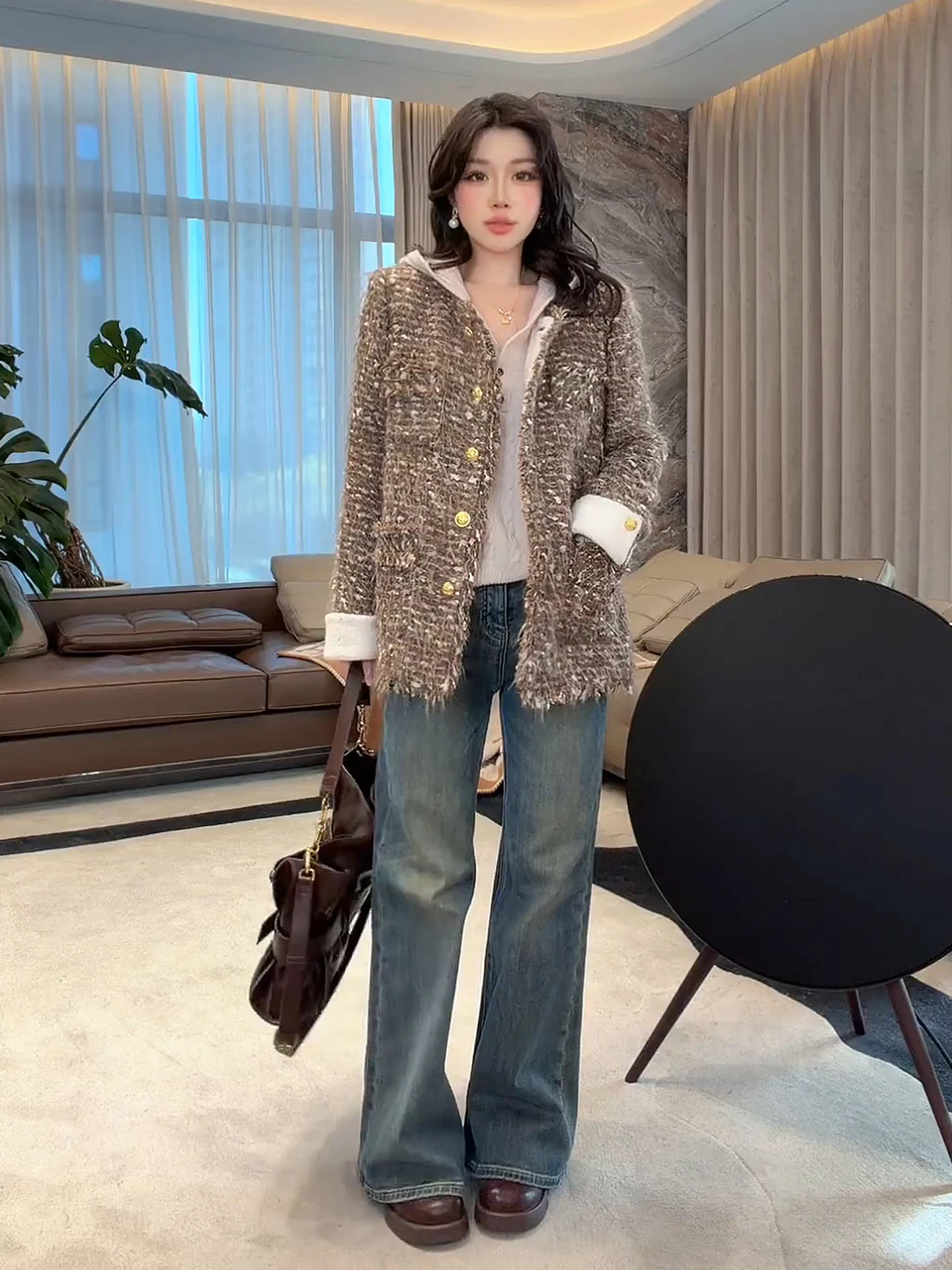 

Утепленная куртка Old Yang с отделкой из искусственного меха, с гусиным пухом и мериносовой шерстью от ME Brand, повседневный свободный крой, длинный рукав