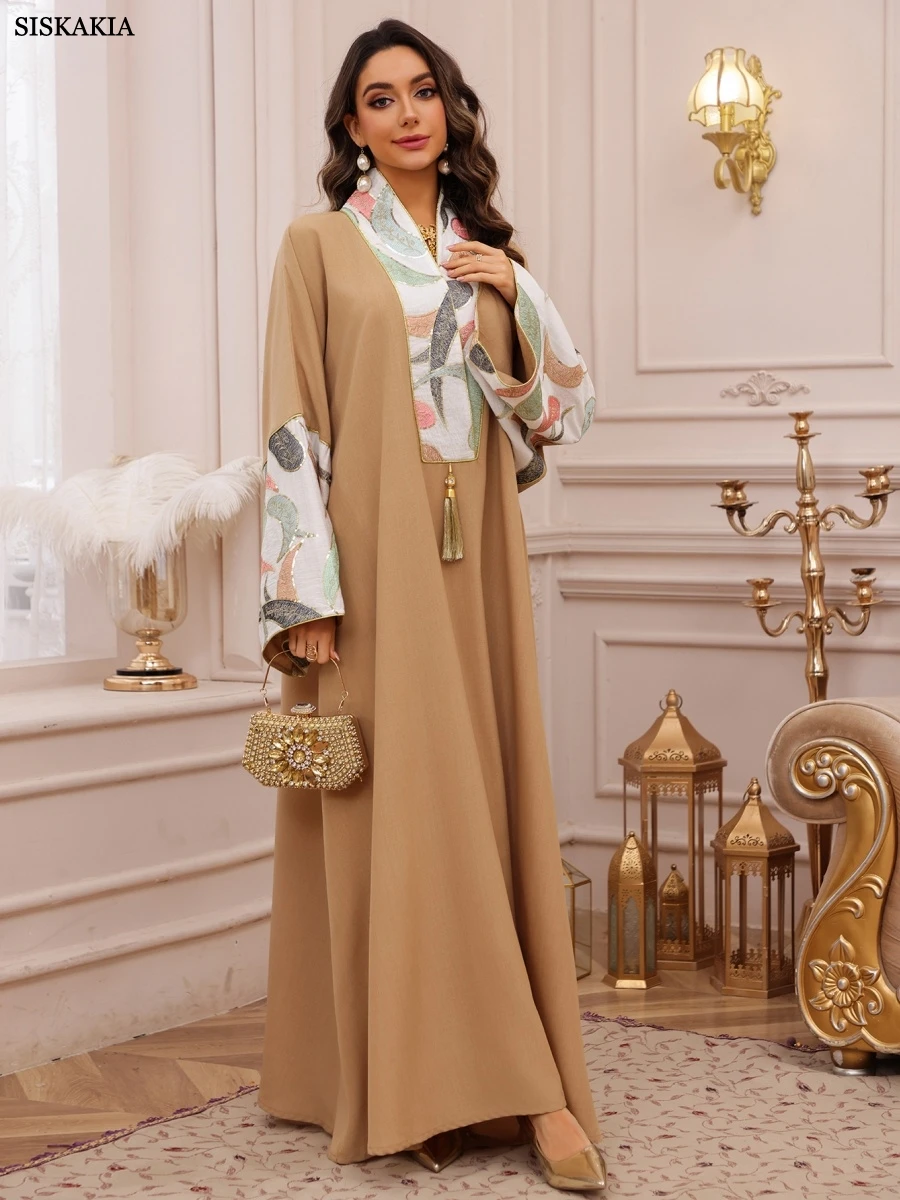 Siskakia New Muslim Elegant Patchwork Maxi Abaya Fashion Tassel Dress Embroidery Loose Kaftan