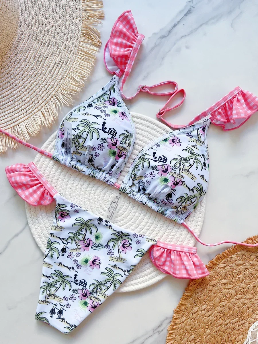 2025 с принтом, рюшами и оборками, бикини с высоким вырезом, женские купальники, женский купальник, комплект бикини из двух частей, купальный костюм, купальный костюм для женщин