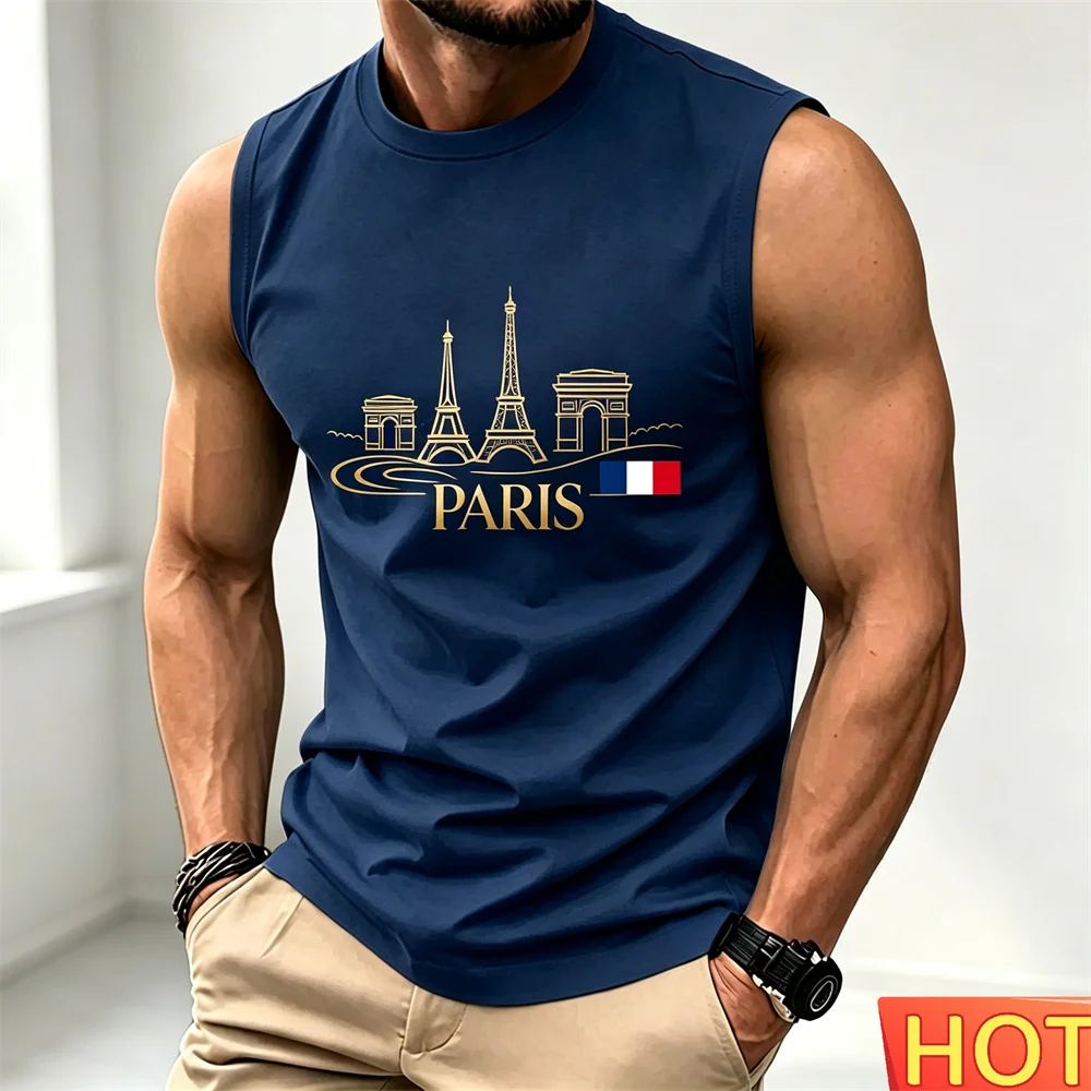 Summer men's casual sleeveless T-shirt Fashion shoulder holiday T-shirt Breathable Round neck Paris men's t-shirts and tank tops