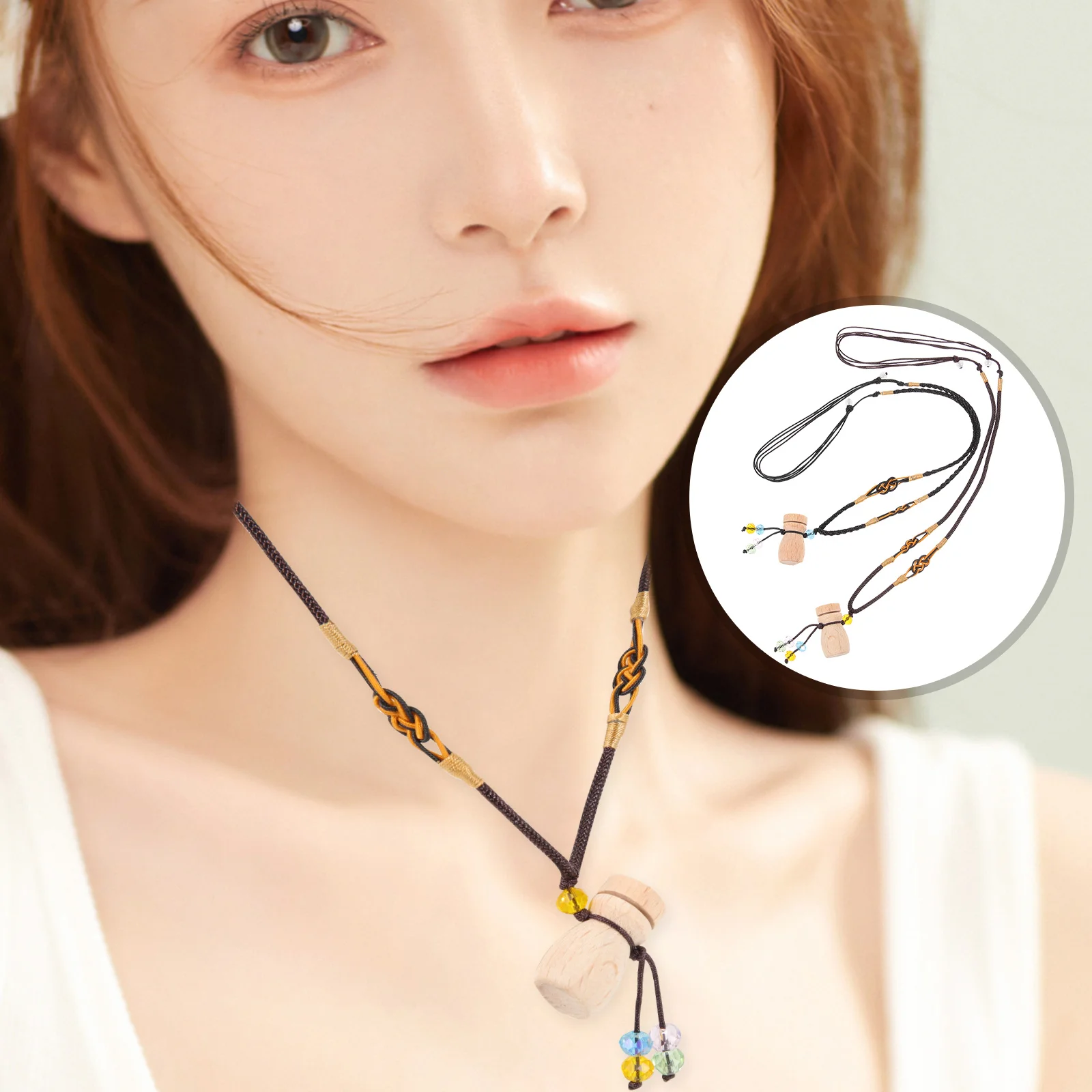 

2pcs Essential Oil Bottle Necklace Wooden Diffuser Aromatherapy Perfume Storage Vintage Decorative Accessories