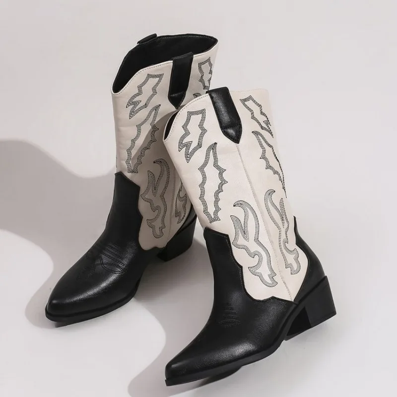 

Autumn Winter Women Embroidery Middle Boots Ethnic Style Totem Cowboy Slip On Boots Sexy Pointed Tip Knight Boots Botas De Mujer