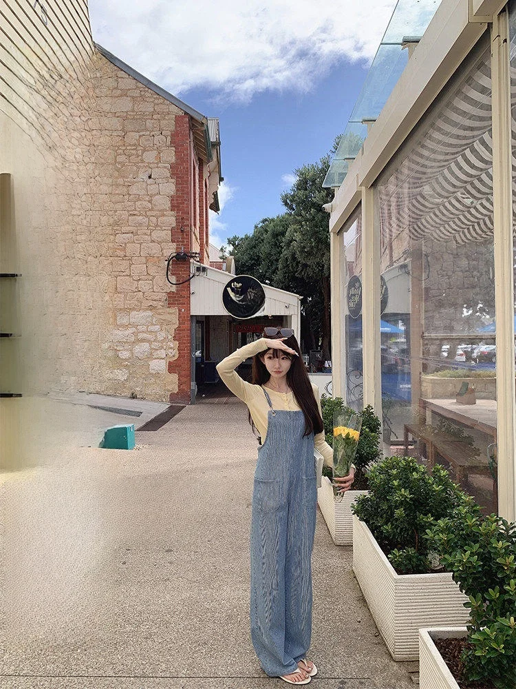 

Soft Thin Summer Version Denim Overalls Anti-Aging Daily Rules Fragrant 25C High Waist Loose Fit Striped Pattern Jeans