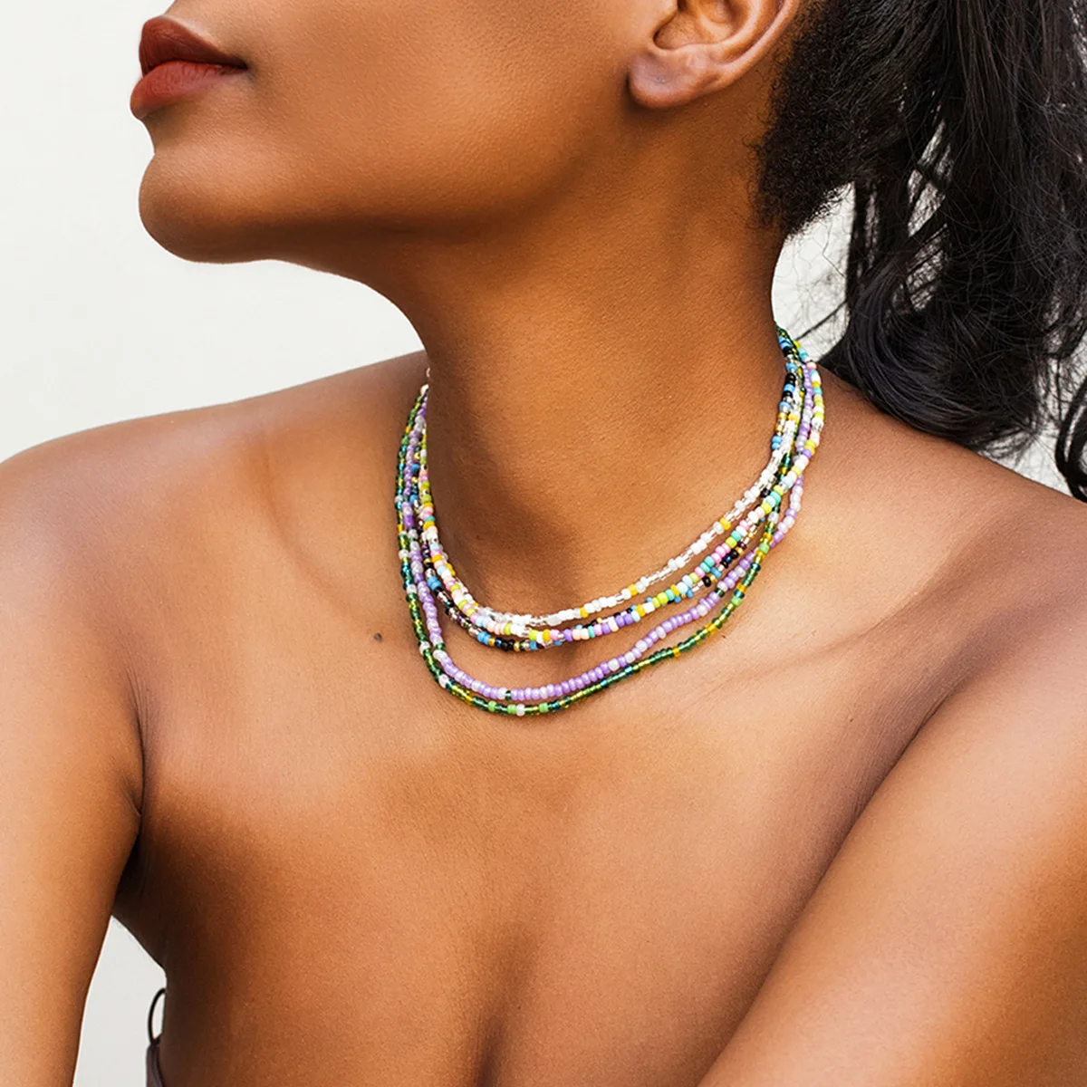Necklace Set Multicolor Seed Bead Bohemian Rustic Contrast Elegant Versatile Daily Gift Jewelry for Ladies Silver Tone Durable
