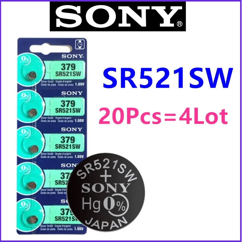 20Pcs Original SONY LR521 AG0 Button Batteries SR521SW 379A 379 179 D379 SR63 1.5V Alkaline Coin Cell Silver Oxide Watch Battery