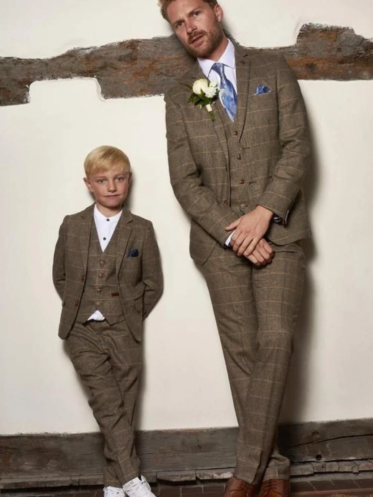 Plaid Tweed Suits for Father and Son Sets 3 Pieces Wool Boy Suit Custom Made Family Matching Outfits Wedding Party Groom Tuxedo