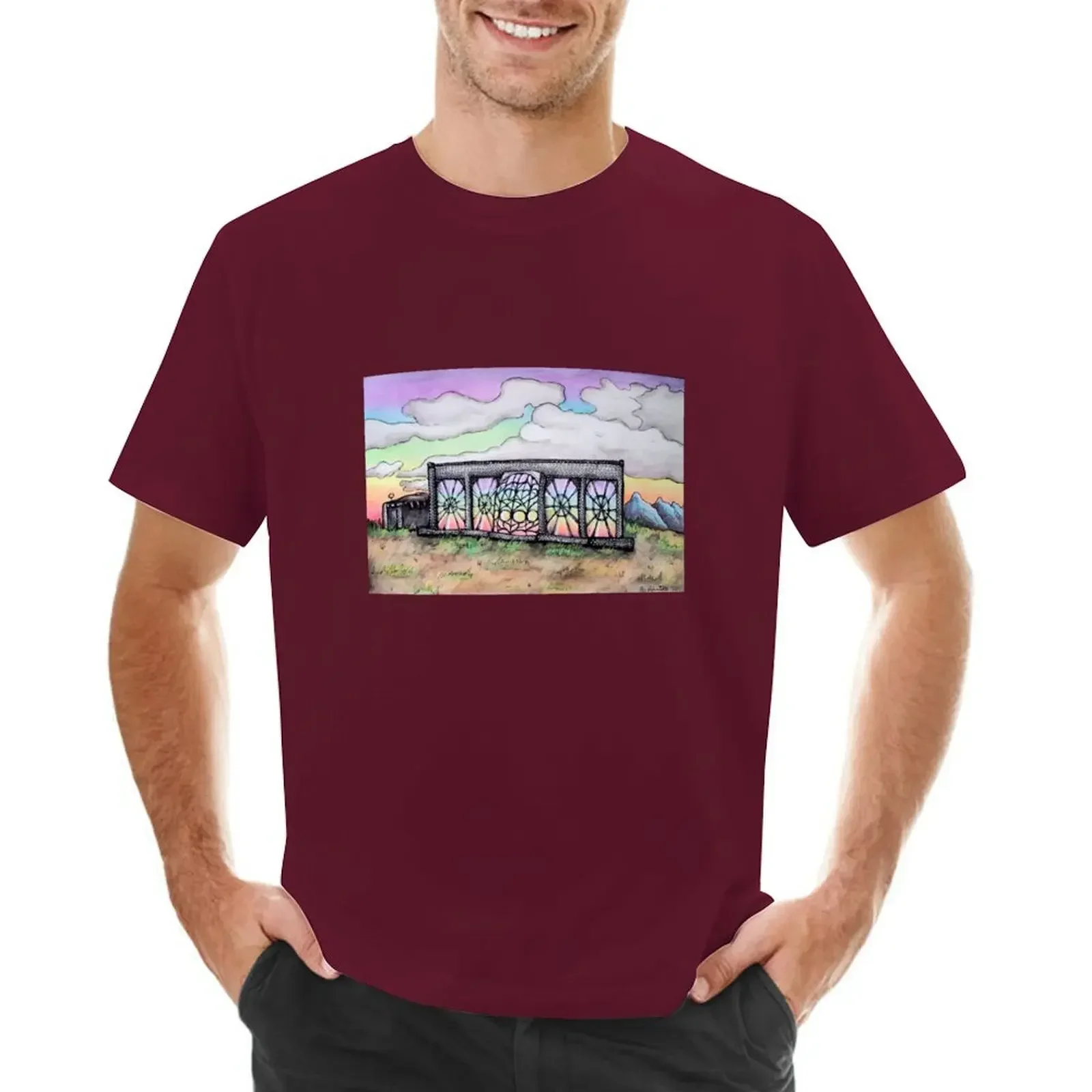 New Mexico Original Watercolor and Marker Art T-shirt for a boy Short sleeve tee men Earthship Rainbow Evening Sky Taos