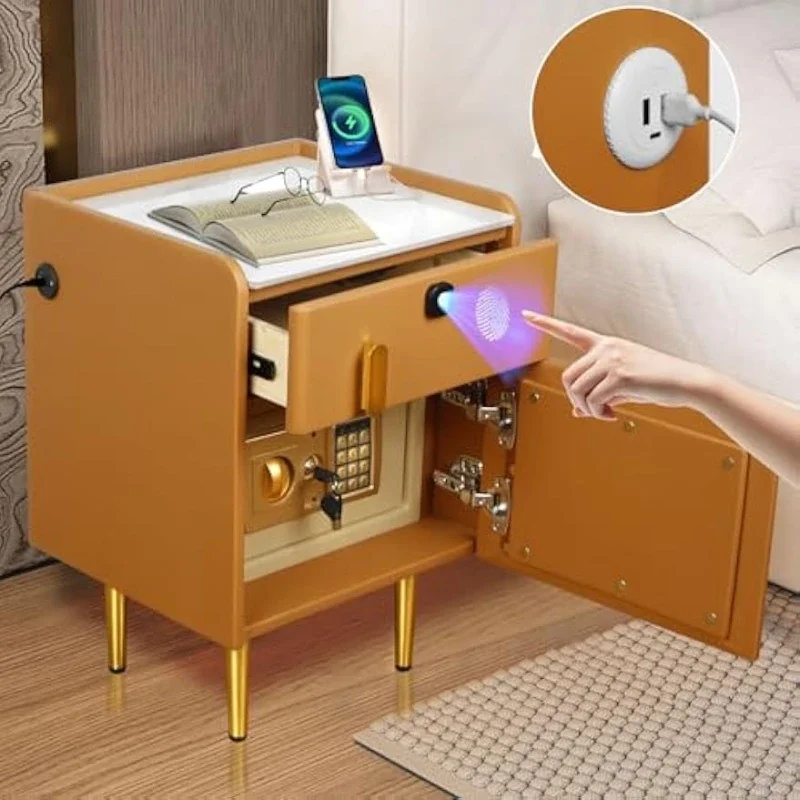 Smart Nightstand With Hidden Safe And Fingerprint Locking Drawer Leather Marble Tabletop For Bedroom Modern USB Charging Orange