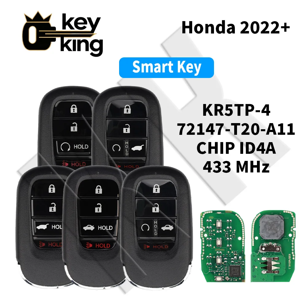 KK For Honda 2022+ Smart Remote Key 433.92MHz ID4A Transponder Chip KR5TP-4 72147-T20-A11 Keyless Entry Fob