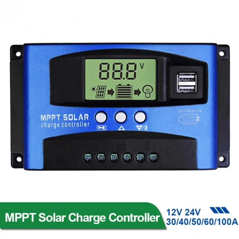 MPPT Solar Charge Controller 30A 40A 50A 60A 100A LCD Dual USB 12V 24V with Load Output for Solar Systems
