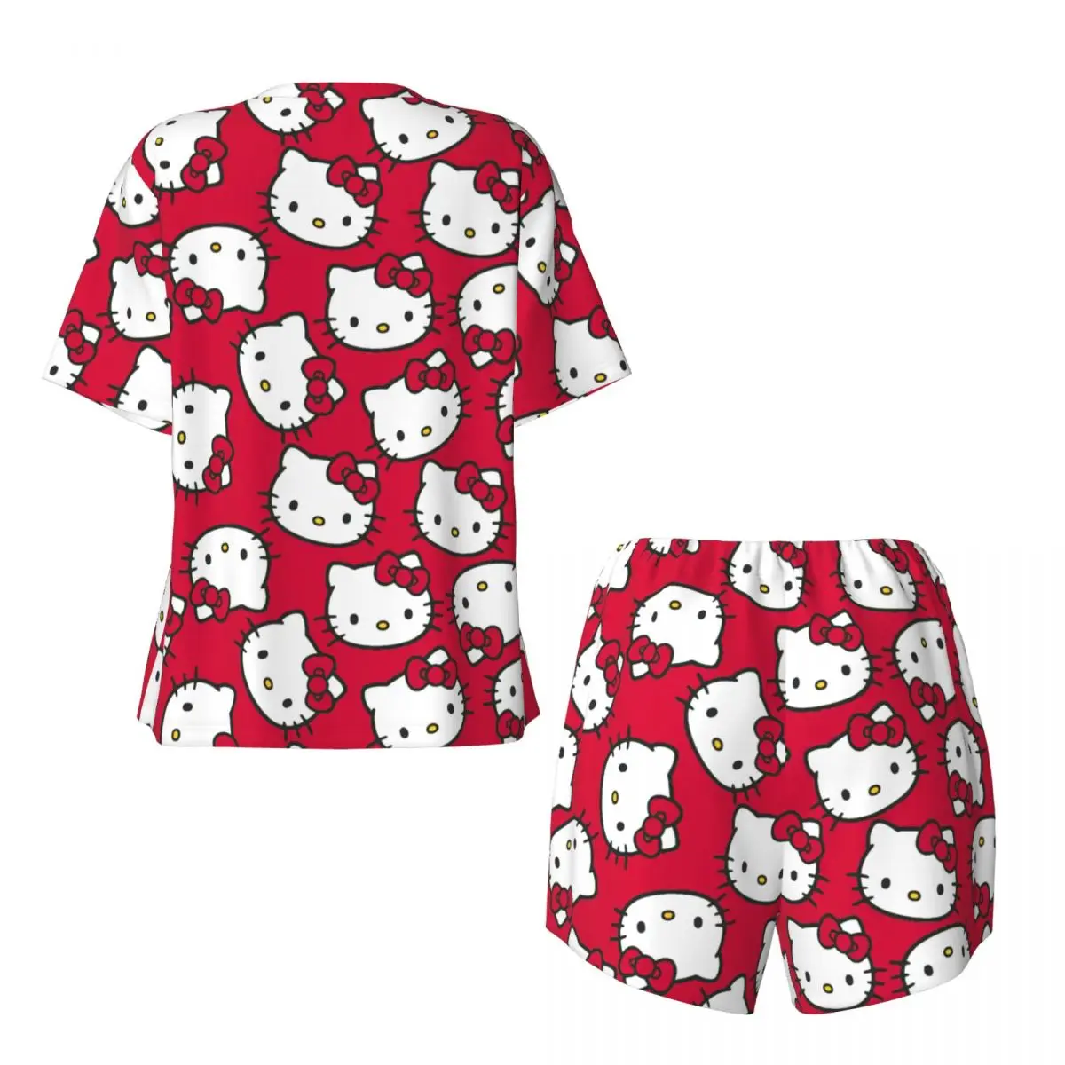 Custom Cartoon Anime Hello Kitty Bow Pajama Sets for Women 2 Piece Short Sleeve Pjs Shorts Sleepwear
