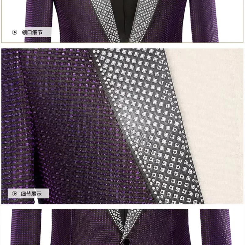 남성 슬림 캐주얼 레드 라인스톤 투피스 세트 신랑 예복 스타일리시 블레이저와 바지 콤보 무대 공연복