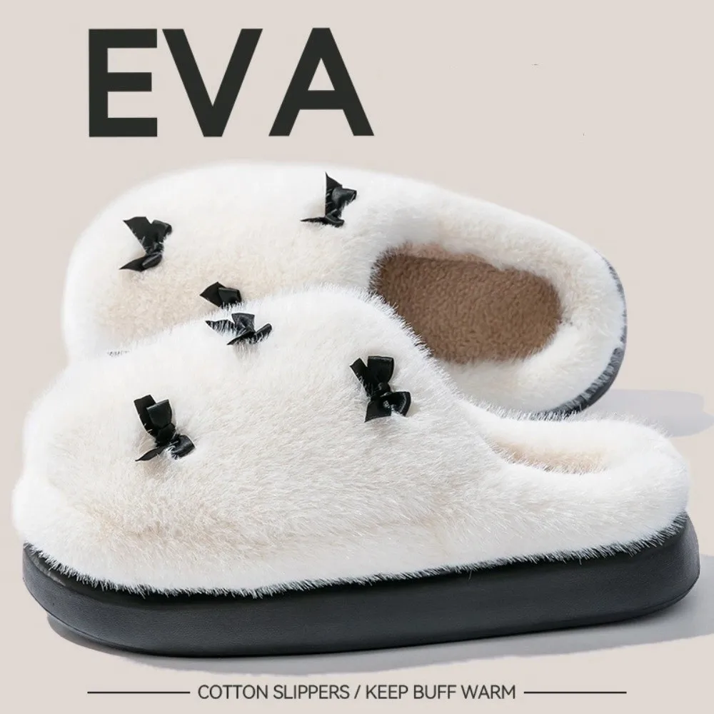 Модные домашние тапочки с бантом, теплые флисовые тапочки с подкладкой, женская домашняя обувь, нескользящие утолщенные домашние пушистые тапочки, зимние