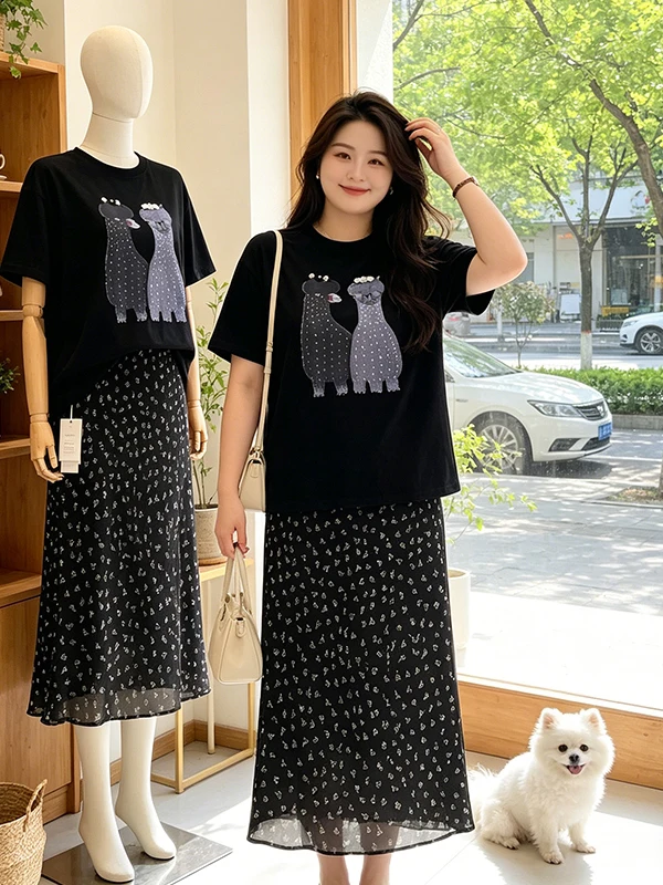 

Summer New Style Casual Anti-Aging Large Size Women's Set Floral Print Top Half-length Skirt Two-piece Set Korean Loose Fit