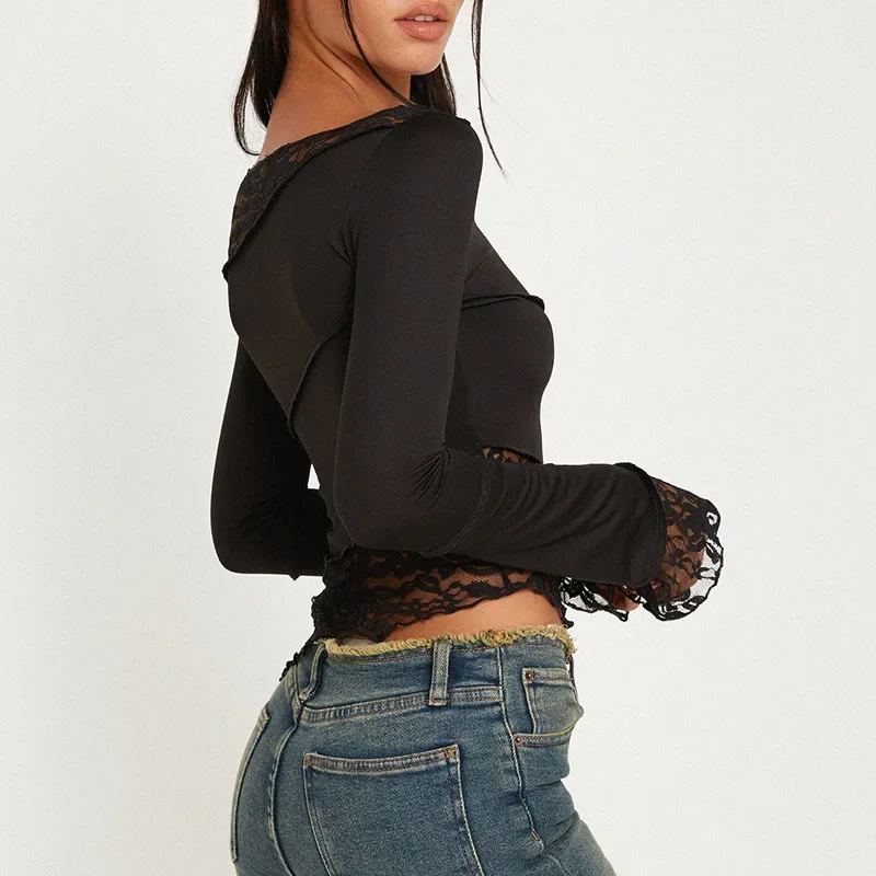 Women's Sexy Slim Crochet Patchwork Irregular T-shirts Mesh Lace Tops New O Neck Long Sleeve Tees Spring Summer T Shirts YWFD002